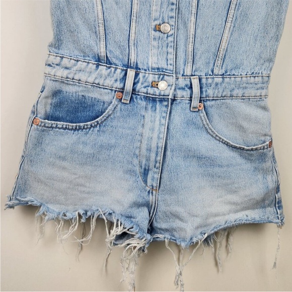 Zara Denim Distressed Raw Hems Romper Jumpsuit sz S - Picture 4 of 6